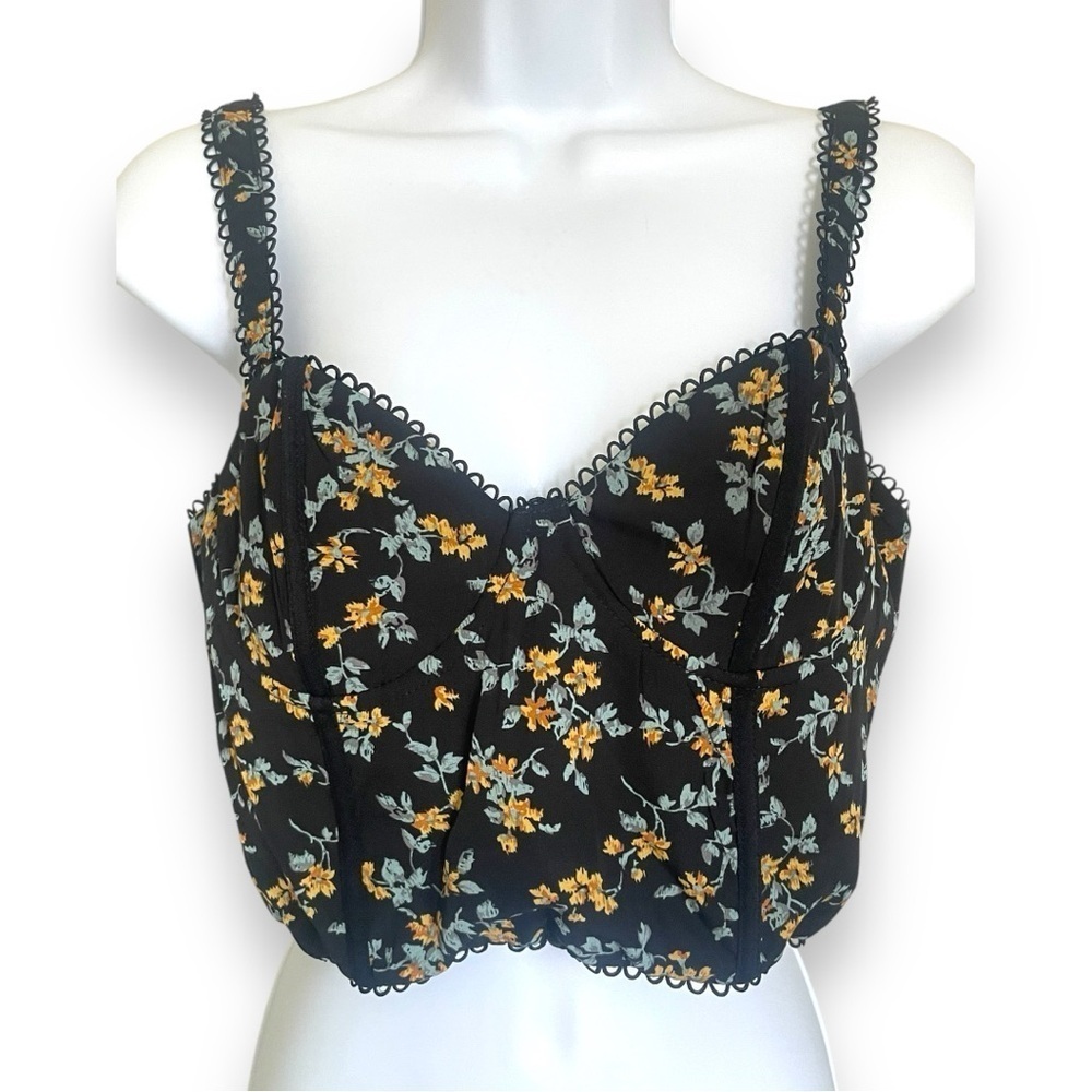 Black Floral Lace Trim Bustier Crop Top Corset Tank Y2K Coquette Large- Blush BJ